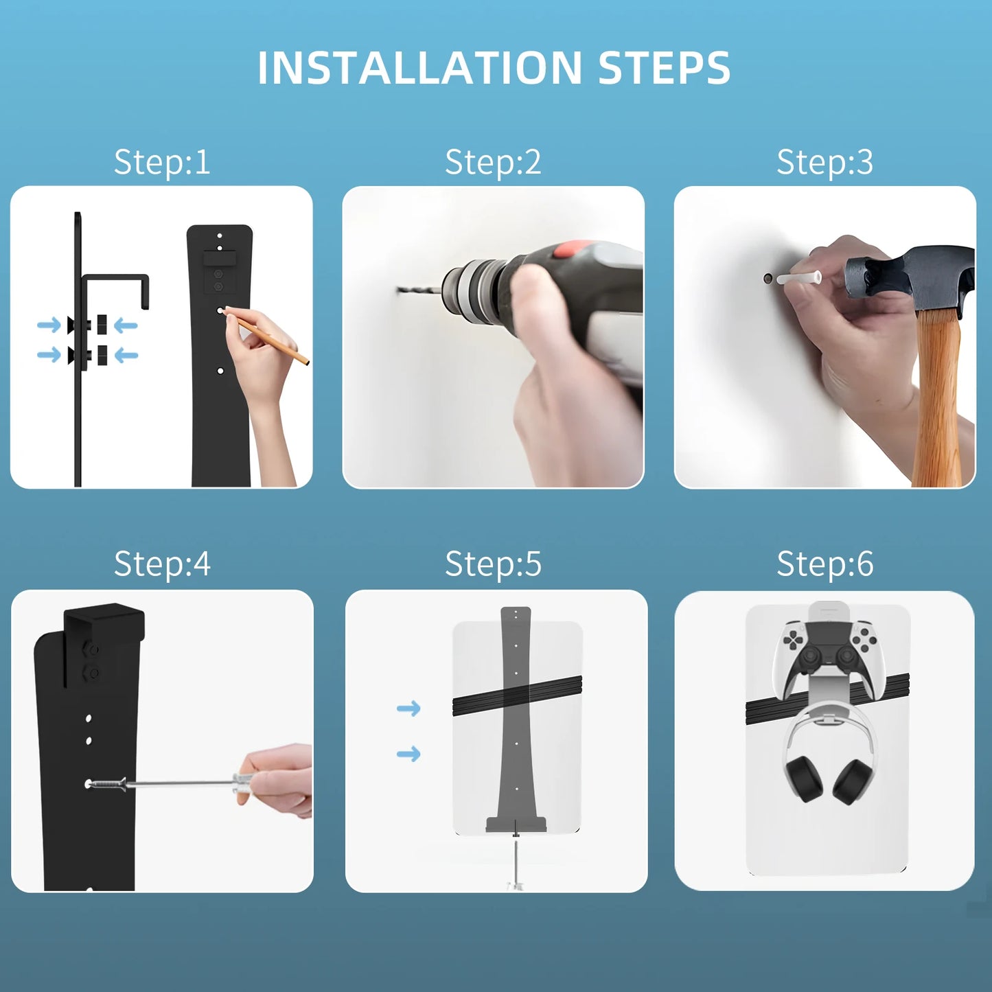 Steel Wall Mount Bracket for PS5 Slim – Stable Metal Wall Stand with Controller & Headphone Holder P5227