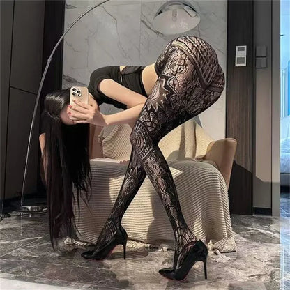 Black Floral Lolita Lace Tights - Retro Mesh Stockings with Classic Hollow Design