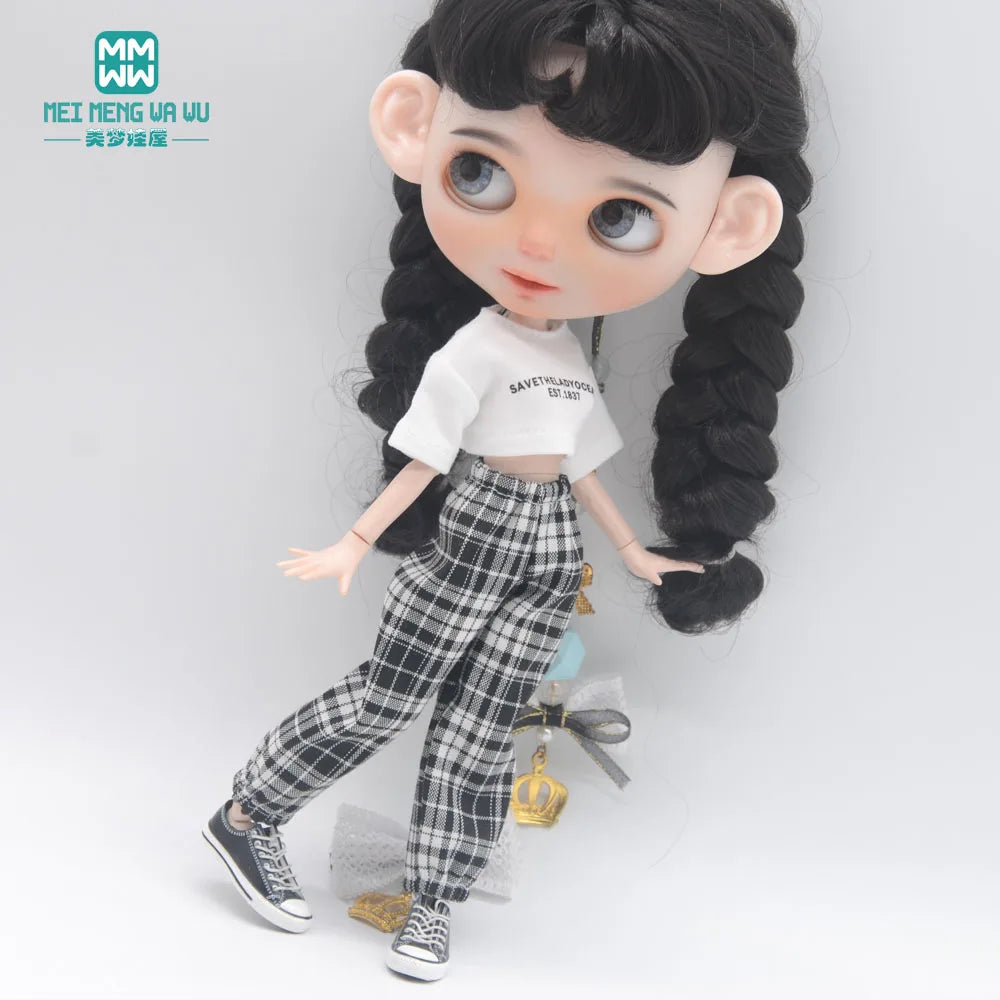 Blythe Doll Clothes – Fashion Tops, Black & White Shirts with Jeans & Plaid Pants for Azone OB22/OB24 Dolls