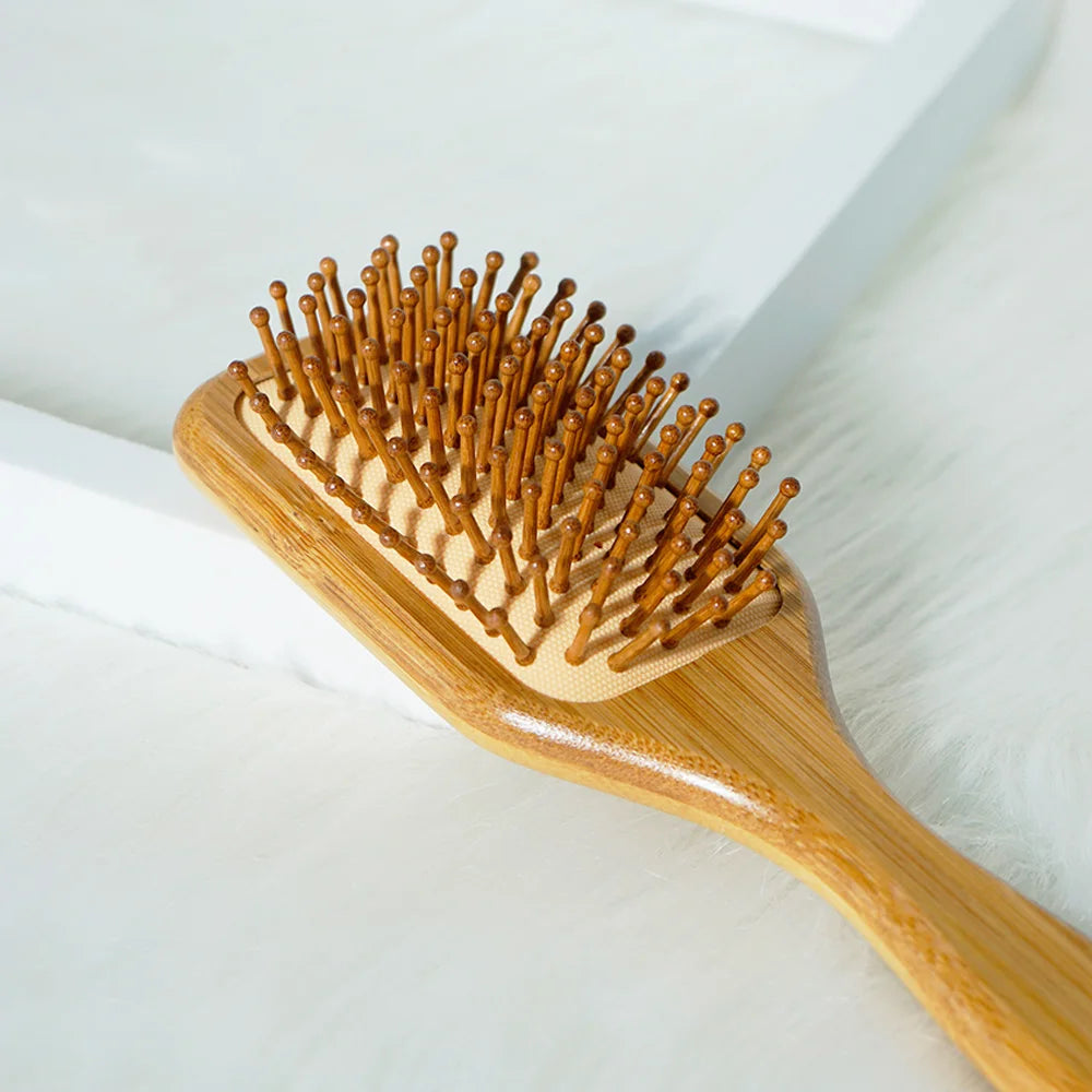 Bamboo Hair Brush with Wide Teeth & Air Bag - Smooth Scalp Massage Comb for Women Hairdressing Styling Tools