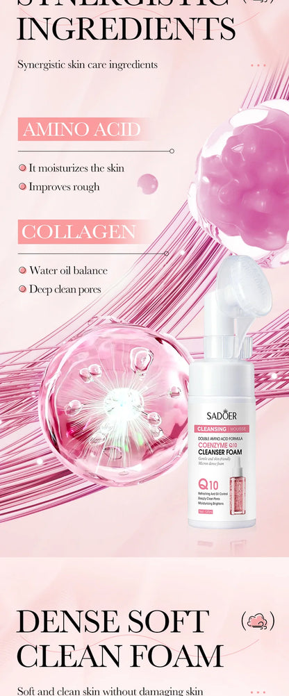 SAODER Q10 & Vitamin C Facial Cleanser — Moisturizing Brightening Face Wash Foam for Gentle Skin Cleansing