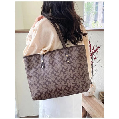 Classic Monogram Tote Bag - Large Capacity Canvas Shoulder Handbag with PU Trim for Women, Work & Shopping