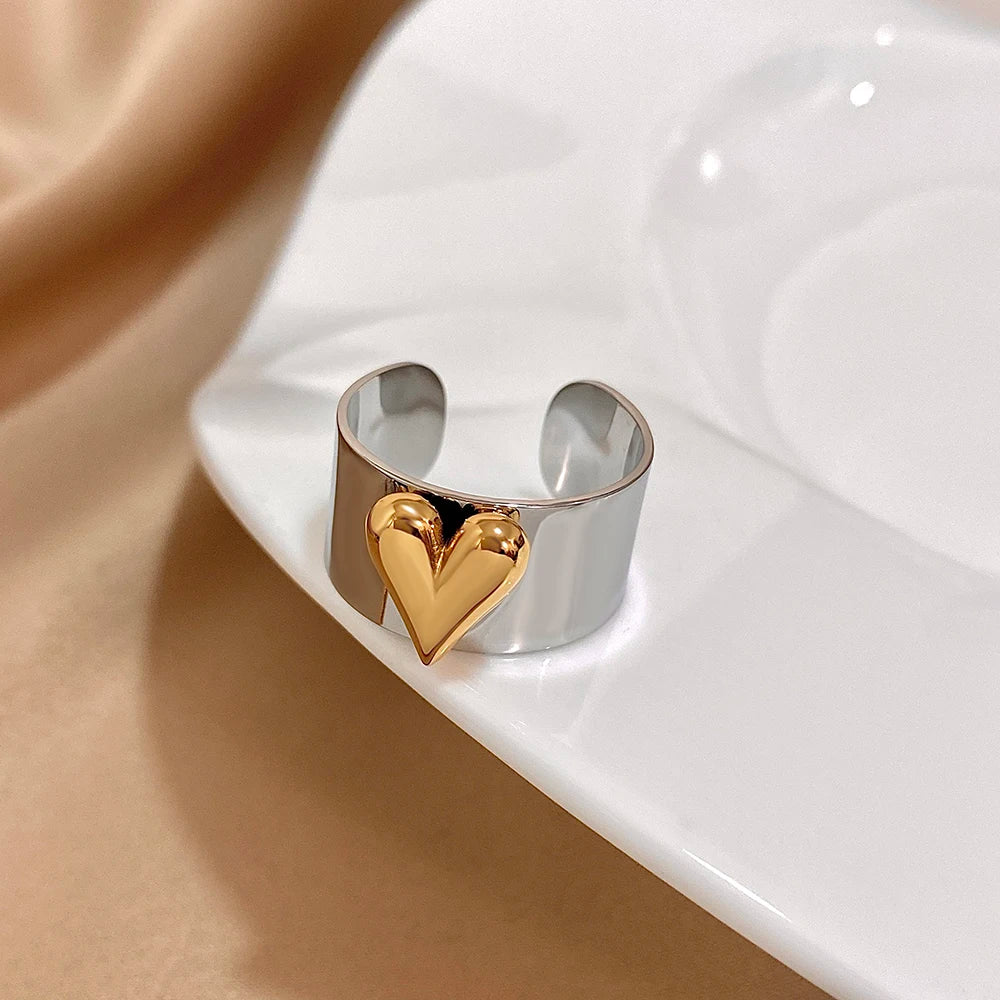 Greatera Stainless Steel Heart Cuff Ring – Wide Thick Statement Jewelry for Women & Men, European American Style