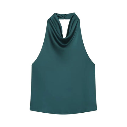 Women's Satin Halter Backless Camisole Top – Off Shoulder Summer Beach Tank Blouse
