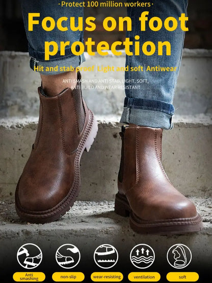 Waterproof Safety Work Shoes for Men – Steel Toe Leather Boots, Indestructible Construction Footwear in Brown