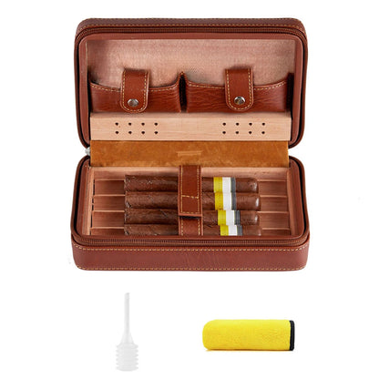 Cedarwood Cigar Case – Portable Leather Cigar Box for 4 Cigars, Humidor Kit with Humidifying Holder & Accessories