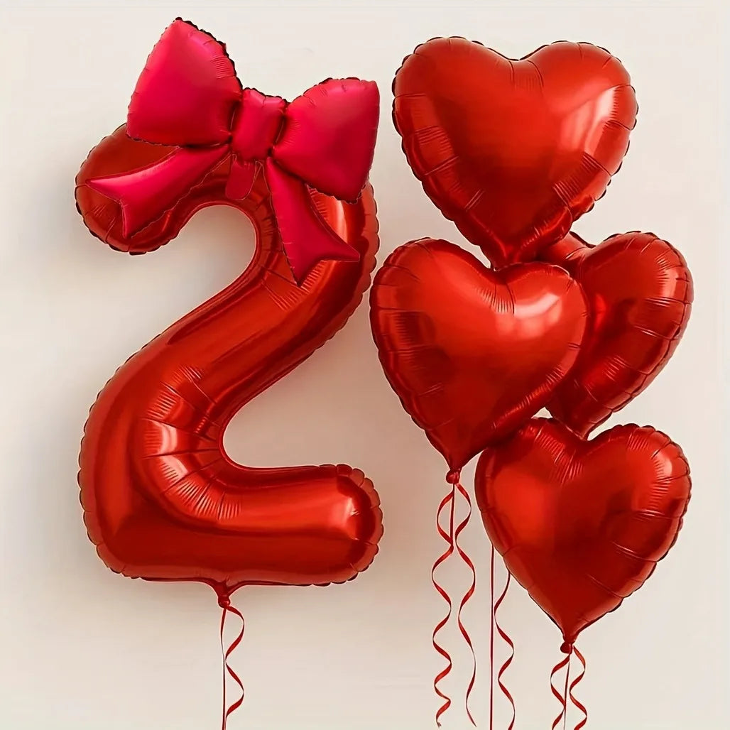 Red Heart Foil Balloons Set - 6PCS Birthday Wedding Anniversary Decoration with 32 Inch Numbers & Tassel Bows