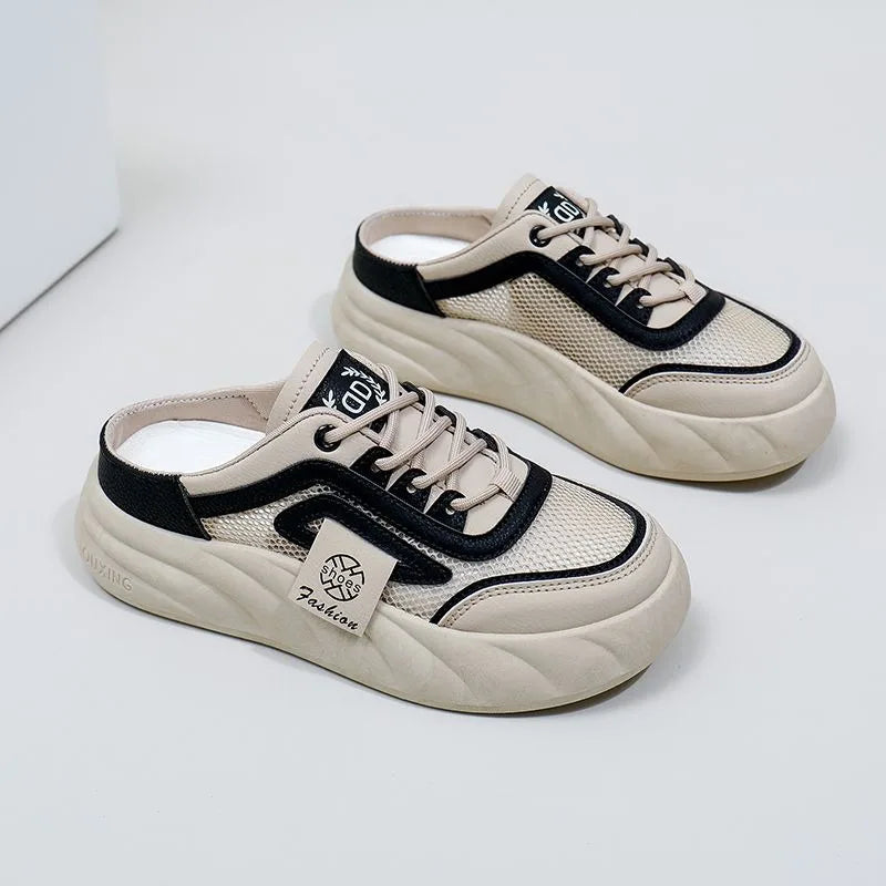 Women’s Mesh Half-Back Shoes 2024 – Thick-Soled, Round Toe Casual Sneakers, Spring Fashion Niche Footwear