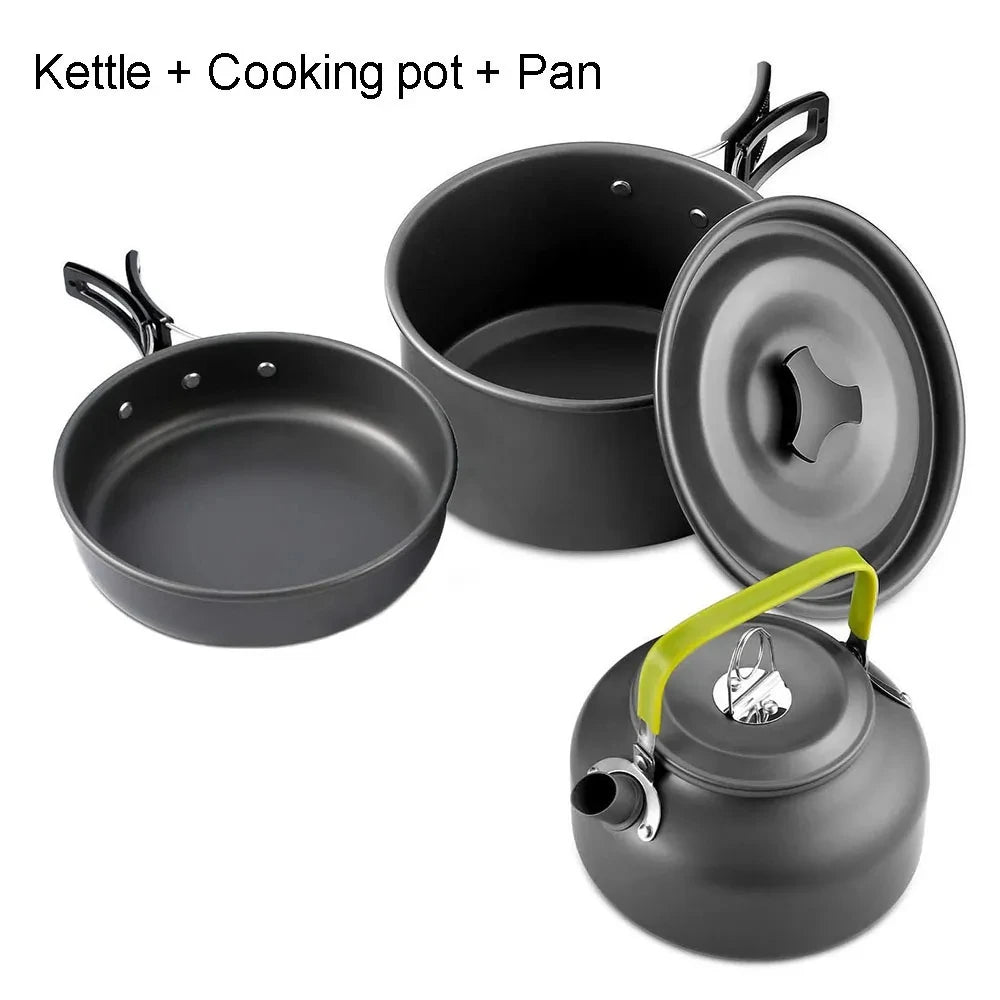 Camping Cookware Set — Non-Stick Cooking Pots, Teapot & Travel Tableware for 2-3 People, Outdoor Picnic Set