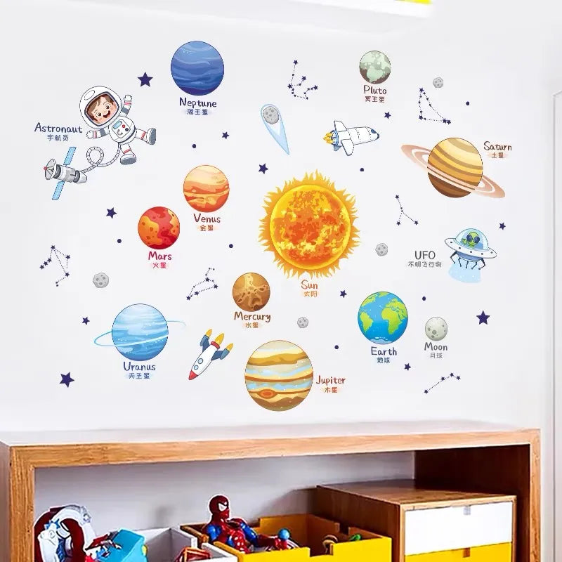 Kids Cartoon Solar System Wall Stickers - Cosmic Planets, Sun, Earth, Moon Decals for Bedroom, Reading Room, School Nursery