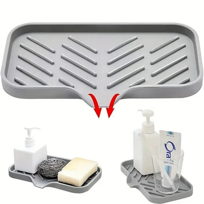 Sink Silicone Tray with Drain – Soap & Sponge Holder, Countertop Scrubber Brush Storage Rack, Kitchen Organizer