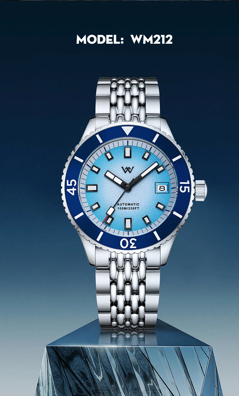 WM Welly Merck Automatic Mechanical Watch for Men — Sparkle Grain Gradient Dial, Ceramic Bezel, NH35, AR Coating, 100M WM212