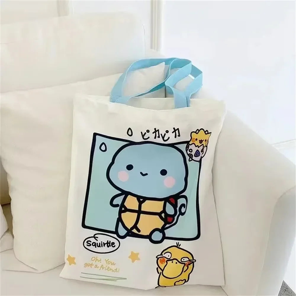 Pokemon Canvas Shoulder Bag - Pikachu Psyduck Squirtle Large Capacity Reusable Casual Handbag for Women Shopping
