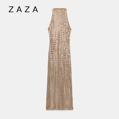 Zaza Chic Elegant Shiny Maxi Dress – Sleeveless High Neck Slim Fit Party Dress for Women