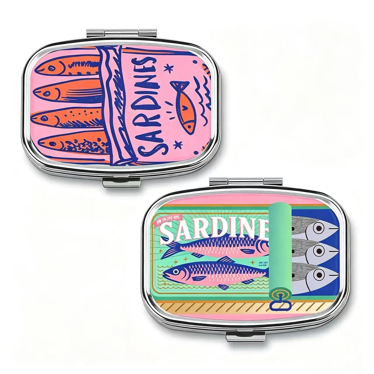 Cute Sardines Metal Pill Case - Portable 2-Compartment Mini Medicine Organizer for Pocket & Purse