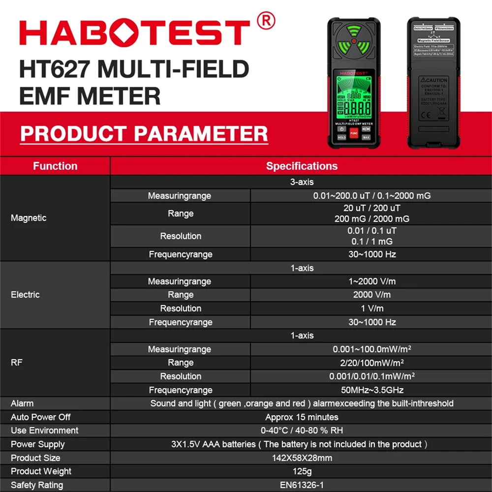 HABOTEST HT627 EMF Meter - Electromagnetic Field & Radiation Detector for Home, Outdoor & Ghost Hunting Use