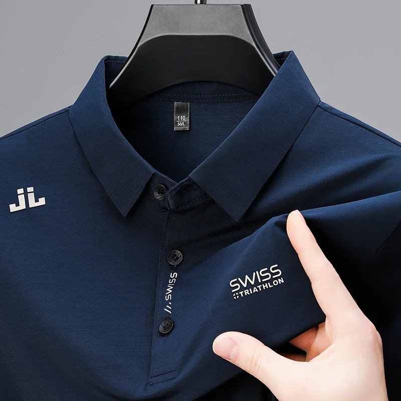Men's Business Casual Polo Shirt - Short Sleeve Solid Color Top with Badge Detail
