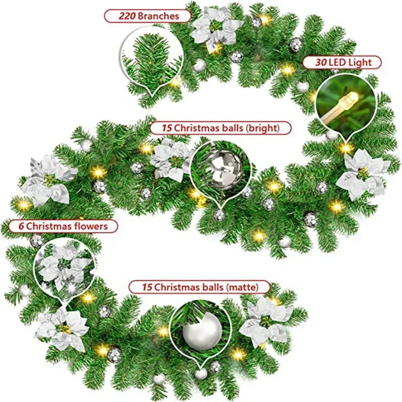 2.7M LED Rattan Christmas Garland – DIY Wreath for Stairs, Fireplace, Tree & Home Decoration