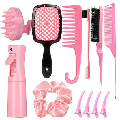 12PCS Hairstyling Comb Set – Tail Comb, Hair Spray Bottle, Loop Weaving Tool, Shampoo Brush & Salon Styling Tools