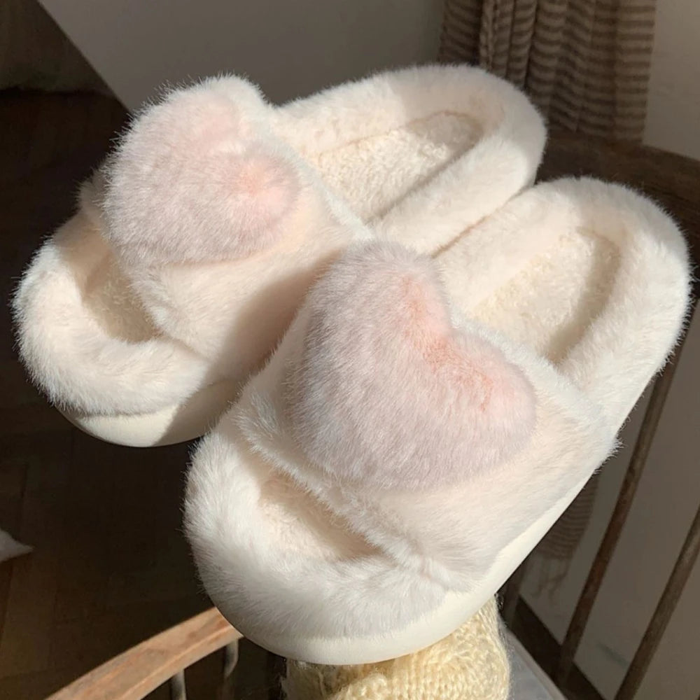 3D Love Single Band Women’s Winter Slippers – Soft Heel Platform, Warm & Fluffy Indoor Home Shoes
