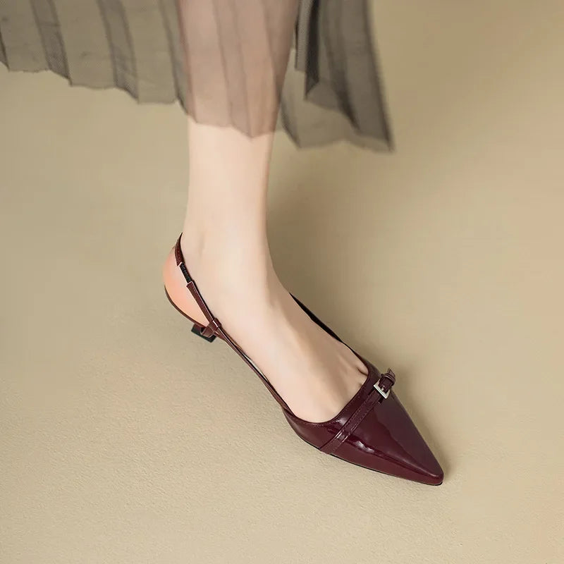 2024 Summer French Wine Red Pointed Patent Leather Mid-Heel Sandals for Women - Retro Skinny Heel