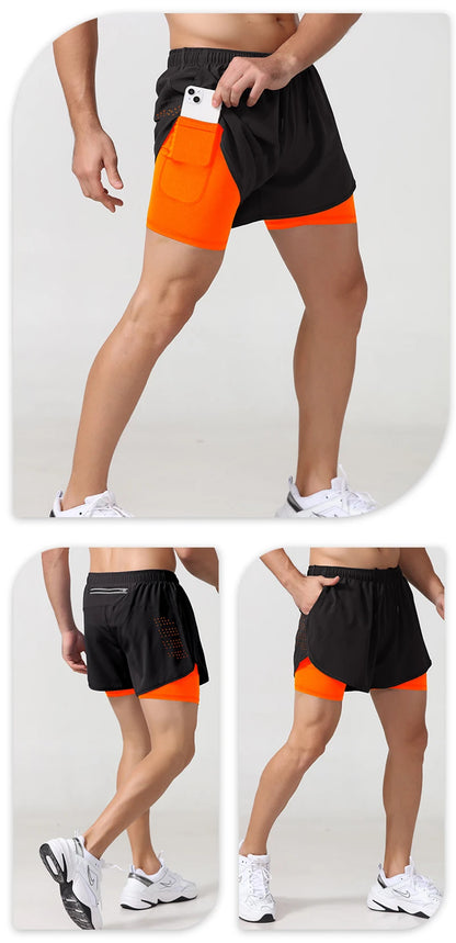 Men’s Quick-Dry Running Shorts — Black Double Layer Sport Workout Training Bodybuilding Shorts