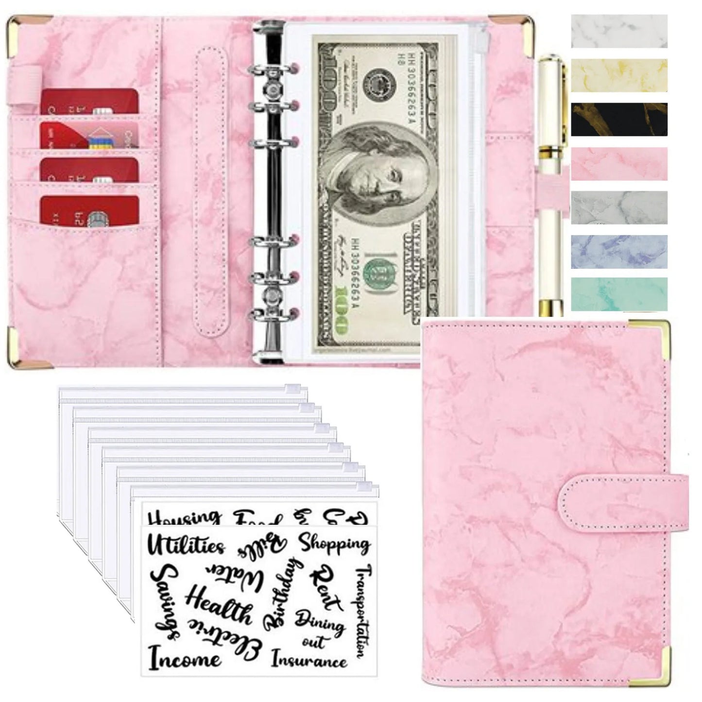 A6 Money Saving Organizer – PU Leather Budget Binder with Marble Notebook, 2023 Budget Planner, Envelope Office & School Supplies