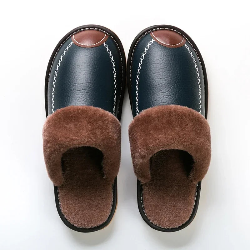 Men & Women Winter PU Leather Slippers — Black Waterproof Indoor Home Shoes, Warm Cozy House Slippers