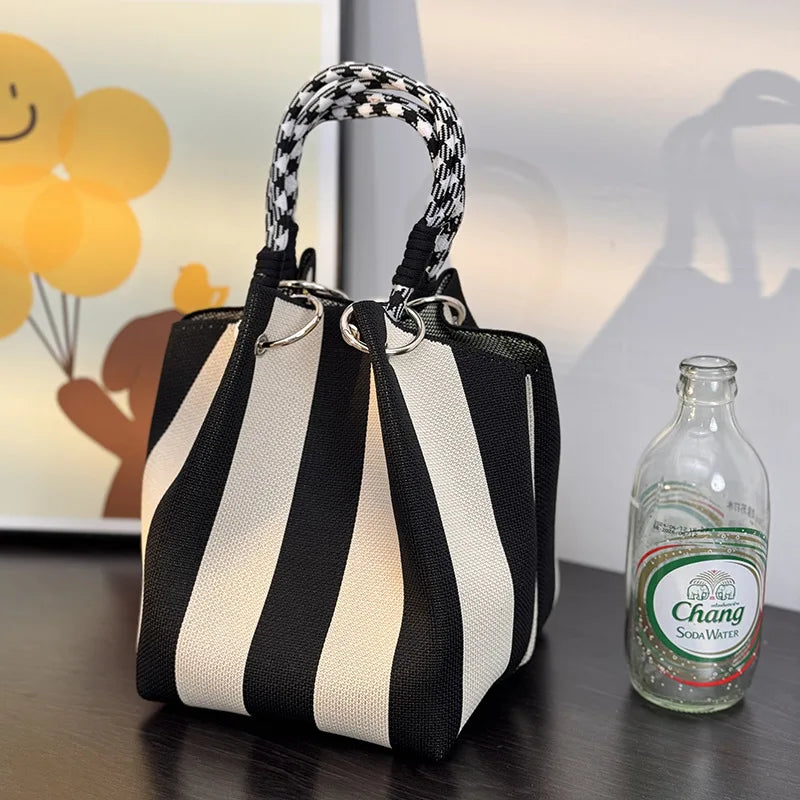 Colorful Stripe Bucket Handbag with Large Capacity, Rope Knot Design, Travel & Everyday Bag