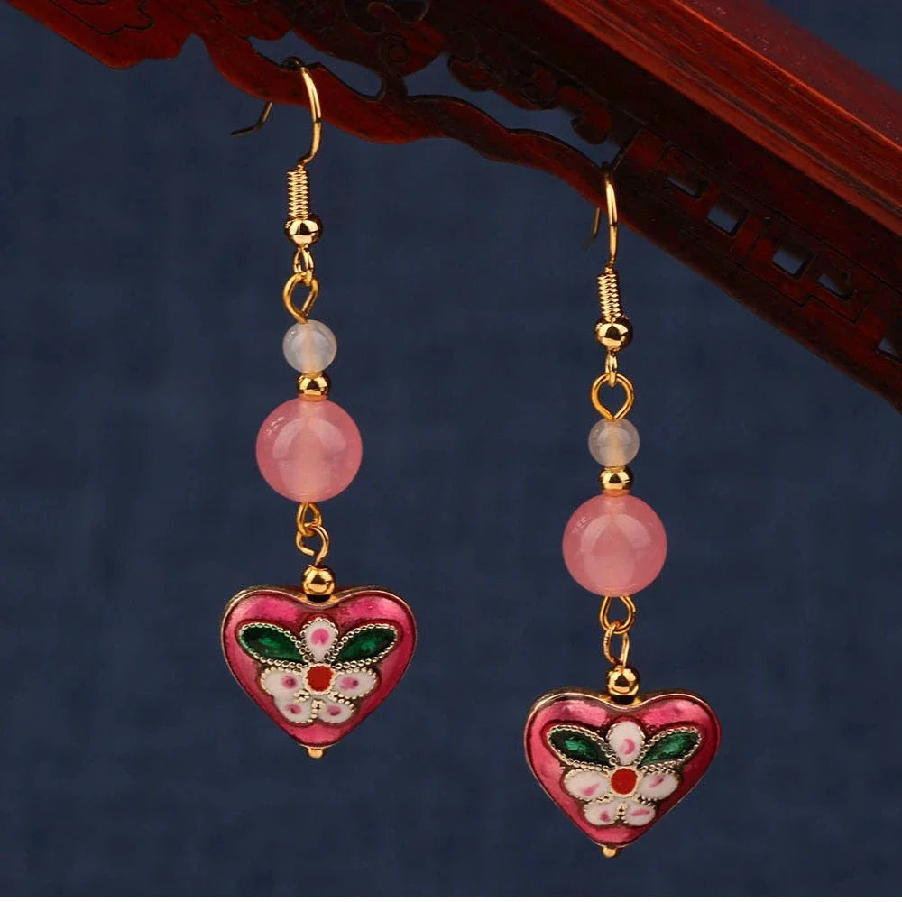 Vintage Flower Drop Earrings - Natural Stone Ethnic Jewelry for Women