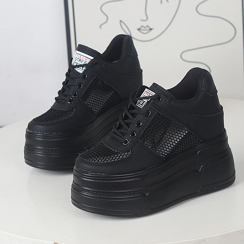 Women’s Genuine Leather Platform Sneakers – 12CM Wedge Casual Breathable Hidden Heel Zapatillas Mujer