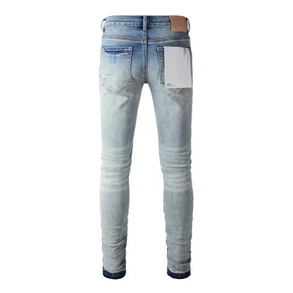 2025 Men’s High Street Ripped Skinny Jeans — Low Rise Blue Distressed Denim Fashion Repair Trousers 9003