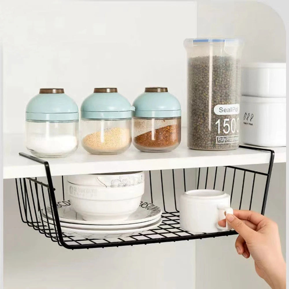 Metal Iron Kitchen Organizer Shelf - Cabinet Storage Rack with Hanging Mesh Basket for Desk, Wardrobe, and More
