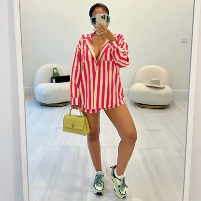 2025 Women’s Casual Striped Shorts & Long Sleeve Shirt Set – Spring Summer Office & Vacation Outfit