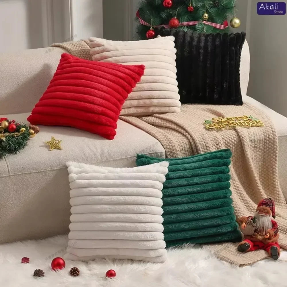 Faux Rabbit Fur Cushion Cover – Plush Soft Fluffy Striped Decorative Pillowcase for Luxury Sofa Home Decor