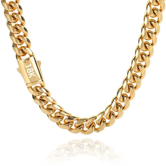 High-Quality Stainless Steel Gold Color Cuban Chain Necklace – 8-14mm Width, Waterproof Curb Link for Men & Women, Multiple Sizes