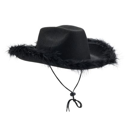 Women's Cowboy Hat – Wide Brim Solid Color with Furry Trim for Parties & Outings