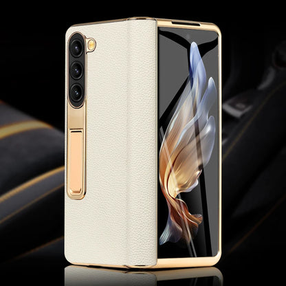 LANGSIDI Leather Case for Samsung Galaxy Z Fold 6/5/4/3 – Gold Plated Magnetic Hinge Cover with Mirror Film & Stand