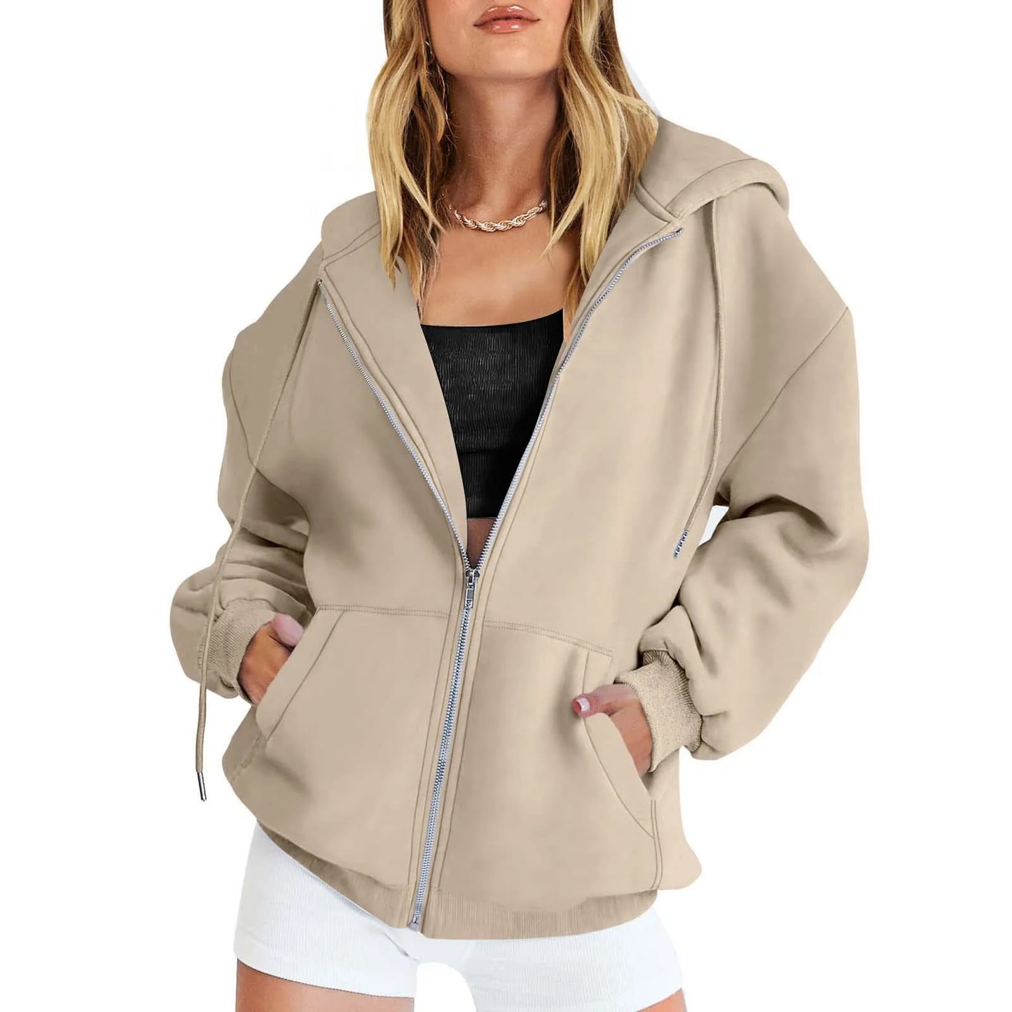Women’s Gray Zip-Up Hoodie Sweatshirt – Autumn Winter Long Sleeve Jacket with Pockets