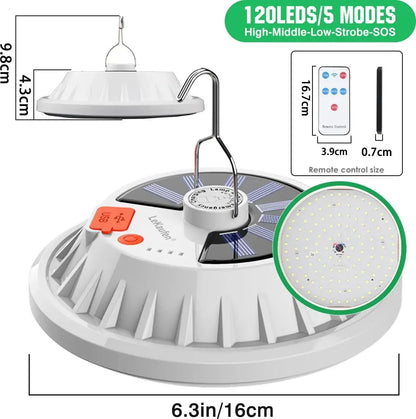 Solar Camping Lantern - 60/120 LED Rechargeable Portable Light with Remote and Power Bank