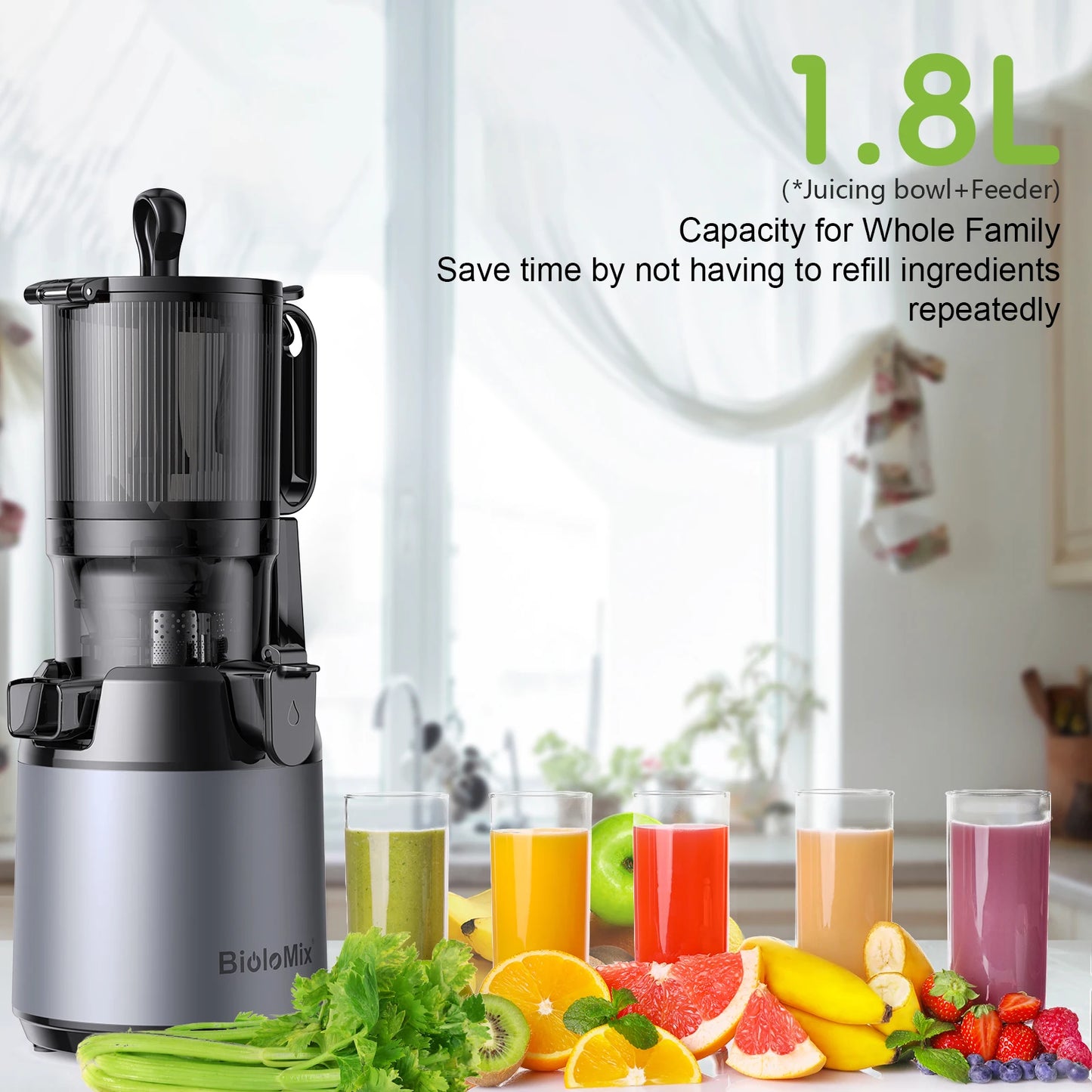 BioloMix Cold Press Juicer — 130mm Feed Chute, Whole Fruit & Vegetable Slow Masticating Juicer, High Yield BPA-Free
