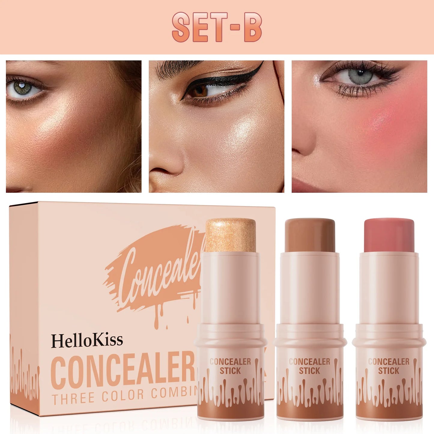 Hellokiss Multifunctional Grooming Stick 3-Piece Set – 3D Modification, Highlight & Brightening Blush Stick