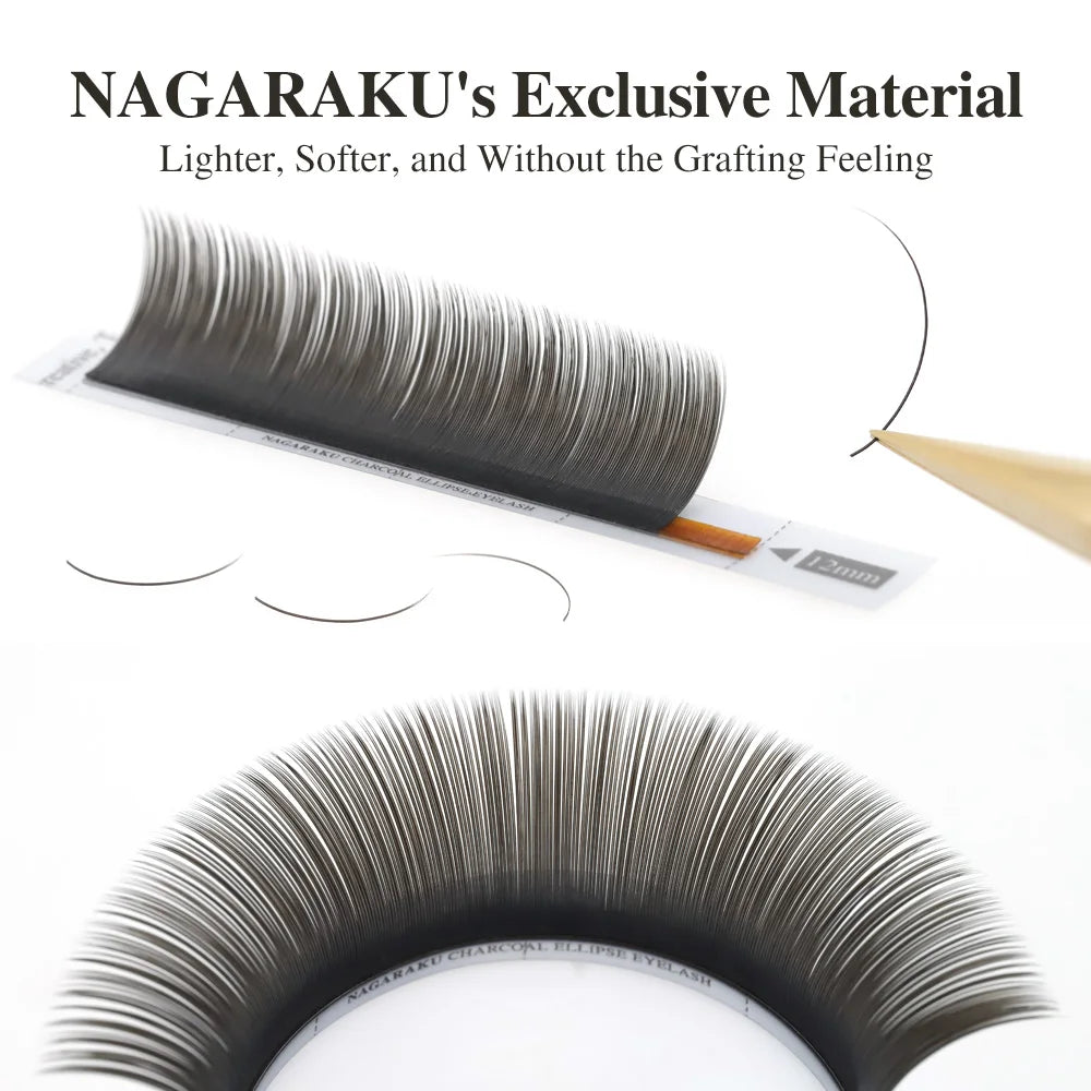 NAGARAKU Flat Ellipse Eyelashes — Matte Gray & Black Super Soft Natural Split-Tip Extension Lashes