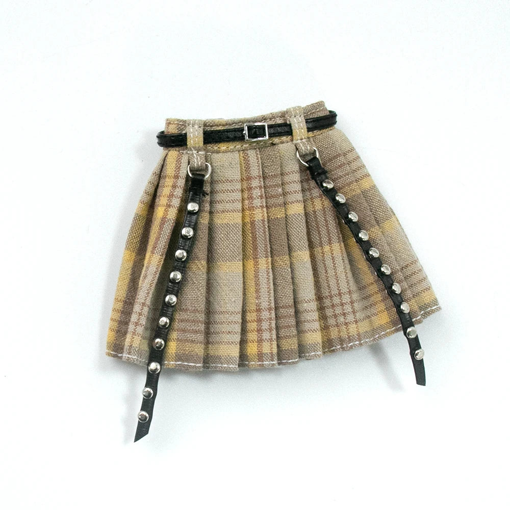 Blythe Doll Clothes Plaid Pleated Skirt & Off-Shoulder Top Tulle Dress Set — Ruffle Skirt for Licca, Azone, OB22, YMY Doll Accessories