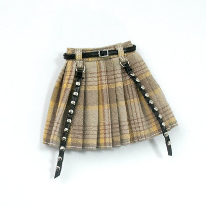 Blythe Doll Clothes Plaid Pleated Skirt & Off-Shoulder Top Tulle Dress Set — Ruffle Skirt for Licca, Azone, OB22, YMY Doll Accessories