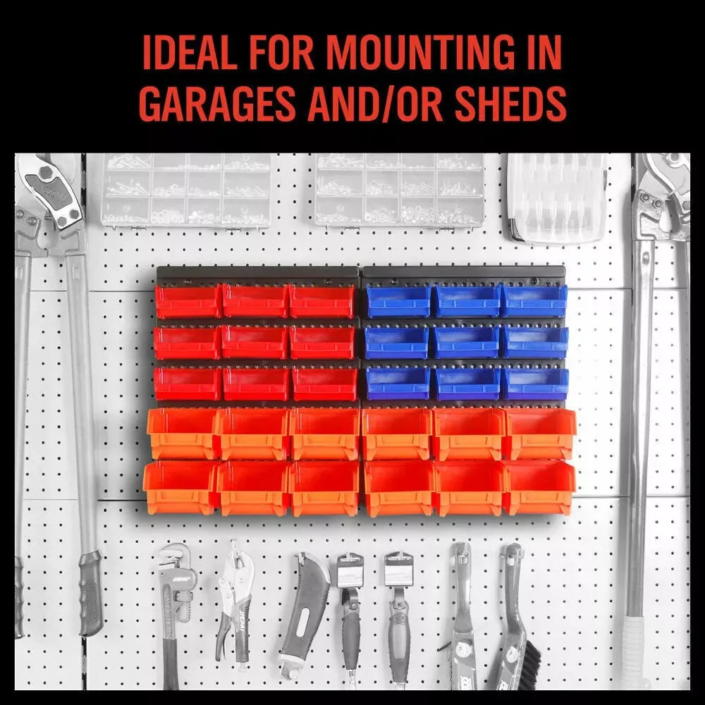 HORUSDY 30PC Wall-Mounted Parts Storage Bins – Tool Organizer Tray Rack for Workshop