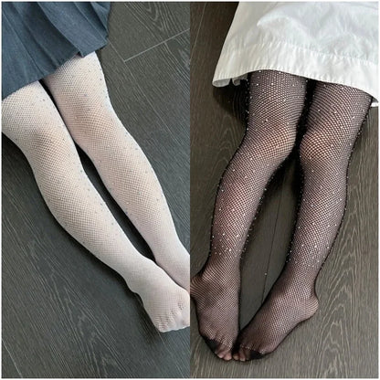 Summer Kids Sparkling Fishnet Pantyhose — Tight Fitting Diamond Hollow Latin Dance Leggings for Girls
