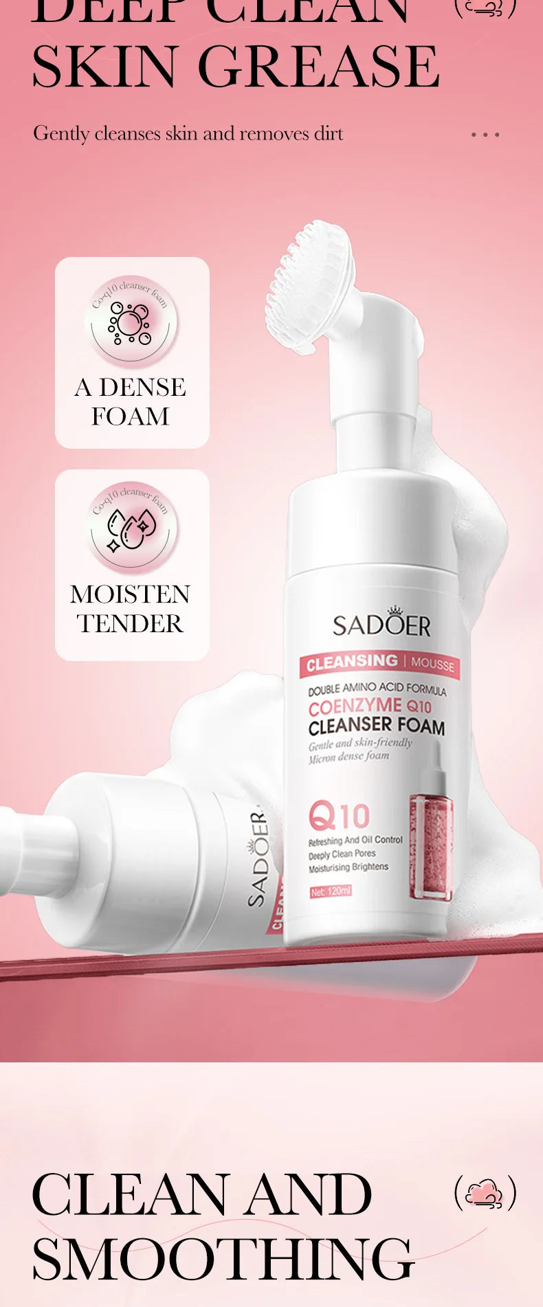 SAODER Q10 & Vitamin C Facial Cleanser — Moisturizing Brightening Face Wash Foam for Gentle Skin Cleansing