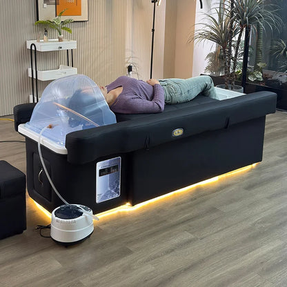 Modern Beauty Salon Shampoo Bed with Back Lift, Massage Headrest & Foot Spa Pedicure Station