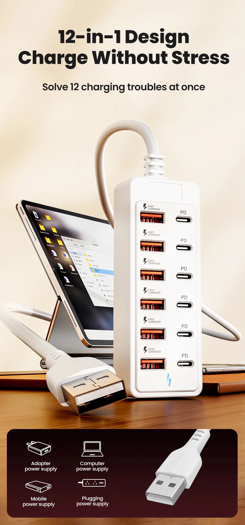 12-in-1 Power Strip & USB Charger Station — Multi-Port Wall/Desktop Adapter with USB-C Fast Charging for iPhone & Samsung